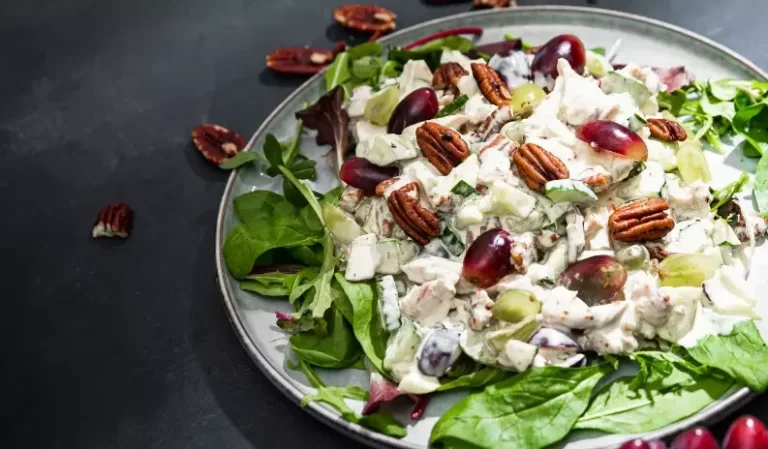 Hot smoked chicken salad with grapes and pecans