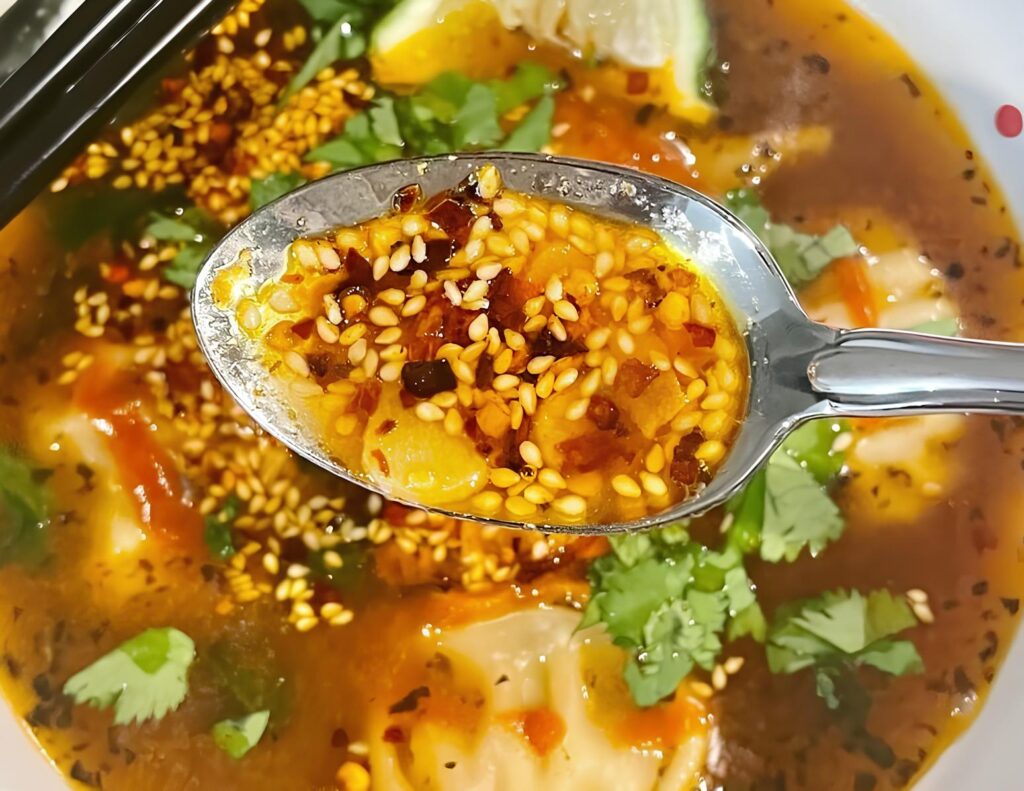 Spicy Bowl Of Dumpling Soup Closeup